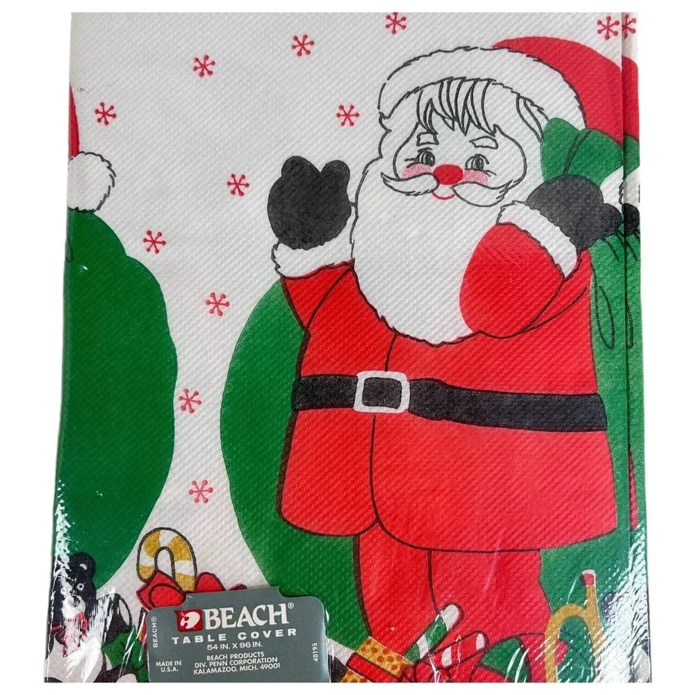 Vintage Christmas Table Cover Beach Santa Claus Toy Tablecloth Paper New 54”x96”